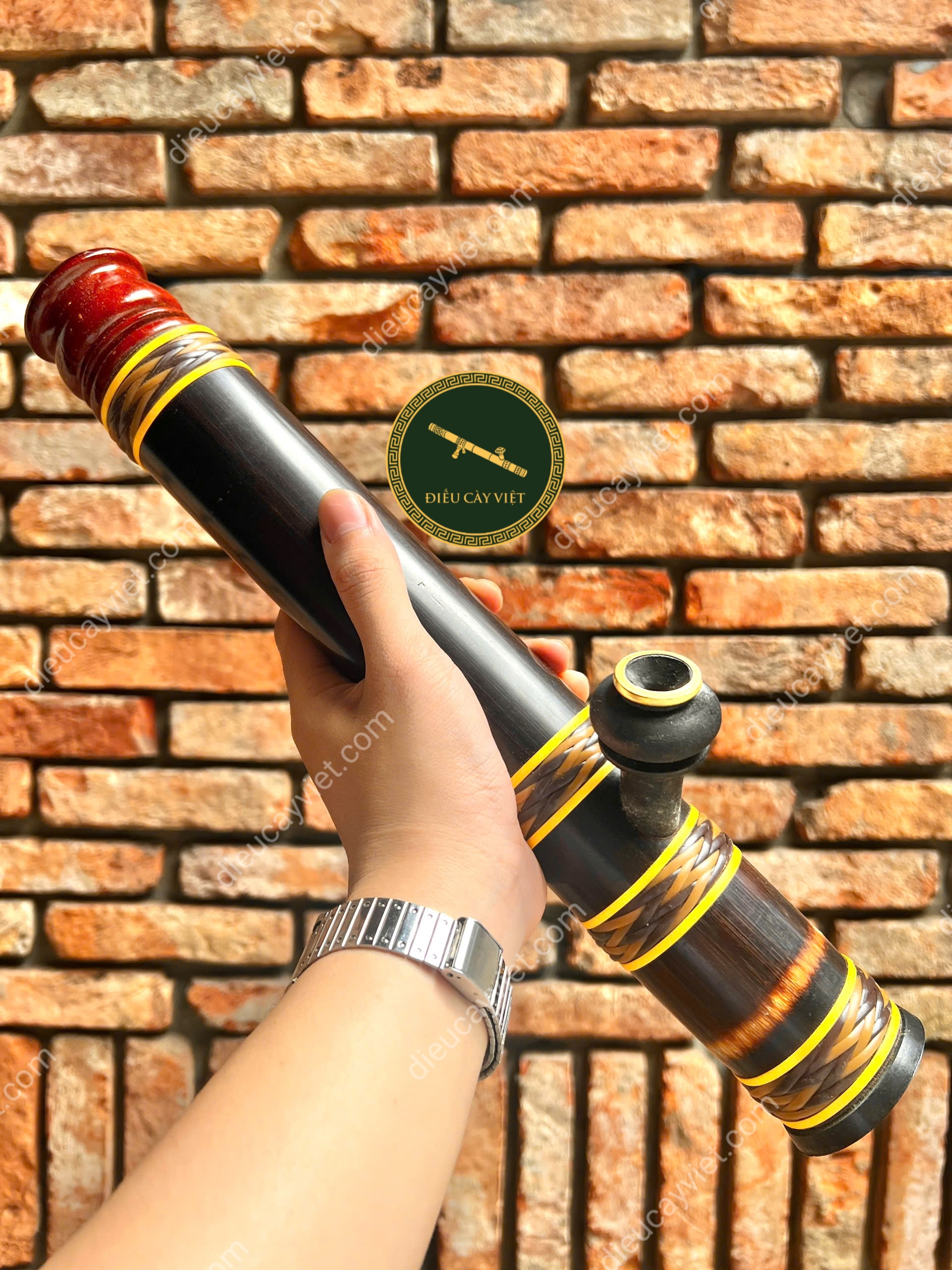 Điếu cày trúc mini rút bọc đồng khảm MNBT12
